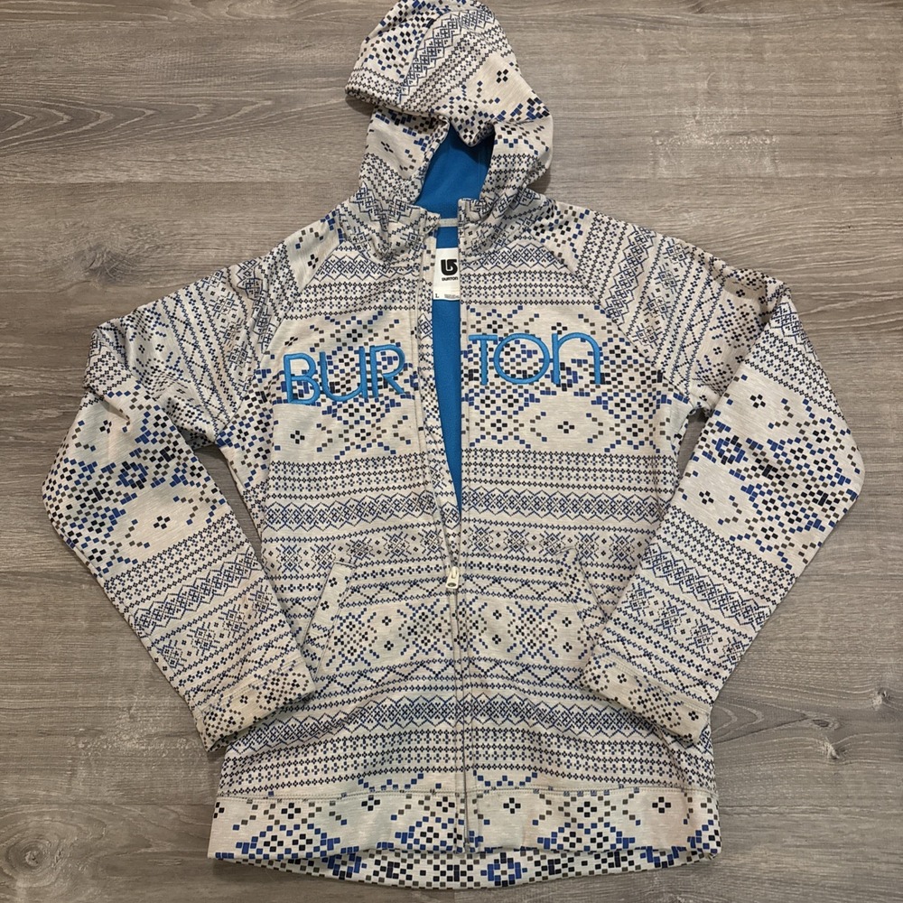 Burton WB Peak Spell Out Fair Isle Geometric Zip Up Outdoor Ski Hoodie Jacket L